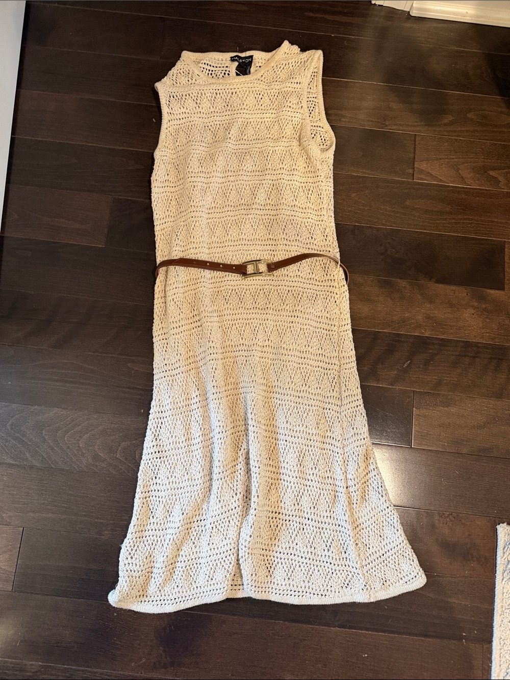 Halston Sleeveless Crochet Maxi Dress in Cream with belt